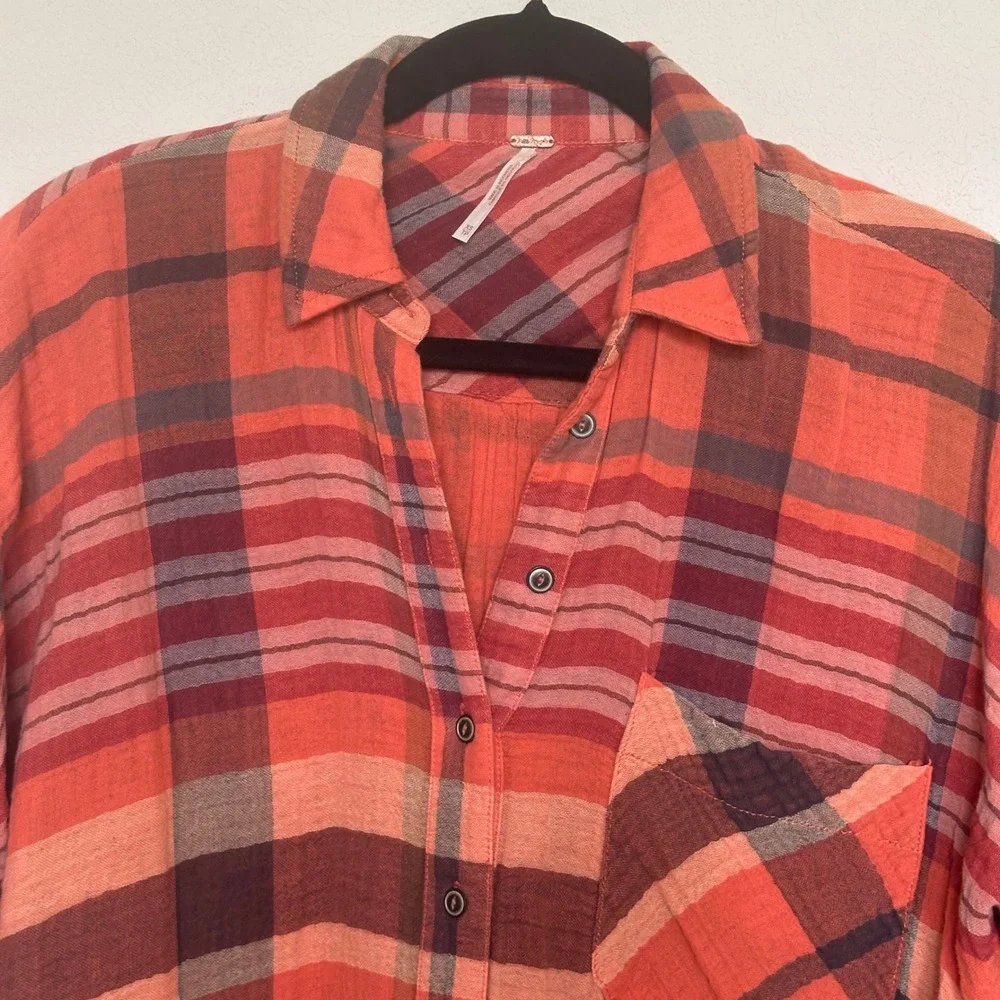 Free People Orange Plaid Cotton‎ Gauze Button Down Shirt Oversized XS
